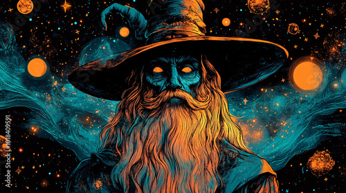 Psychedelic illustration of a crazy wizard and celestial elements, ideal for a seamless trippy background