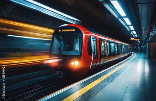 A subway train streaks through the cityscape in a long exposure image, reflecting dynamic movement and contemporary transit.