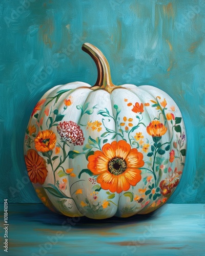 Pumpkin with Floral Design on Turquoise Background
