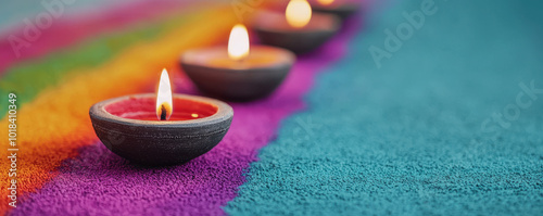 serene close up of lit diyas arranged along vibrant Rangoli design, showcasing beauty of traditional decorations. warm glow of candles enhances colorful patterns, creating festive atmosphere photo