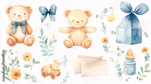 Set of cute watercolor illustrations for a little one's birth announcement, including toys and greeting cards