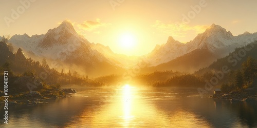 Golden Hour Reflection on a Serene Mountain Lake with a Misty Forest and a Small Cabin in the Distance