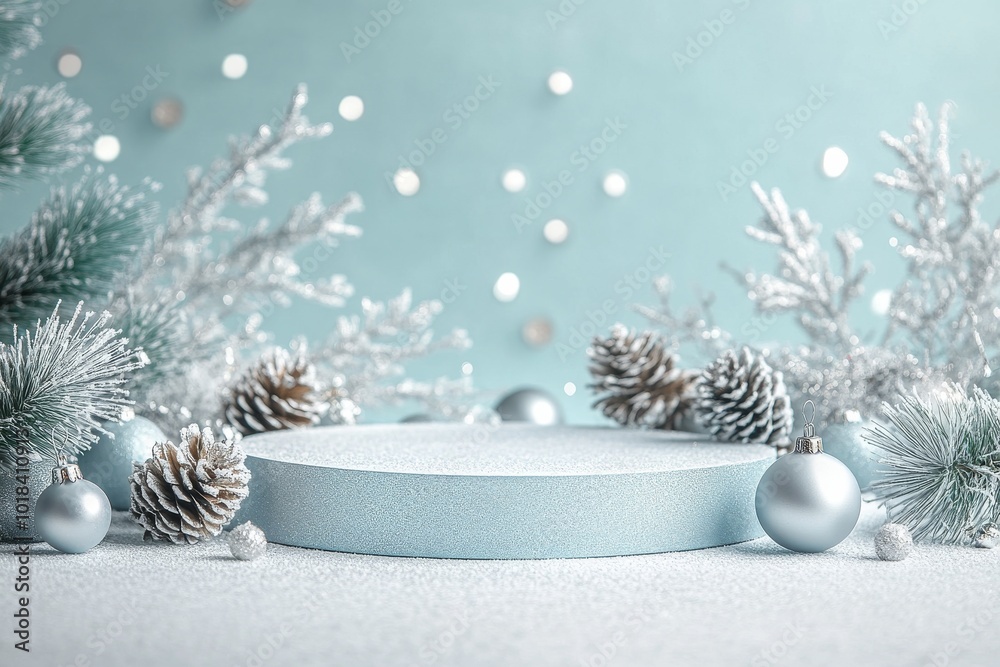 A snow-themed podium with light blue and silver decor surrounded by frosted pinecones and sparkling ornaments A snow-themed podium with light blue and silver decor surrounded by frosted pinecones and sparkling ornaments