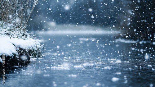 A snowfall over a quiet river, with snow-covered banks and flakes creating ripples as they touch the water surface.