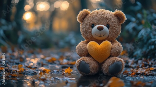 A cuddly teddy bear with a plush yellow heart, perched on a bed of fallen leaves, amidst a stream sparkling with sunlight, a captivating scene of autumnal charm and heartfelt affection.