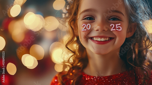 cheerful smiling curly girl with number 2025 on cheeks on new year party background, christmas, makeup, holiday, celebration, joyful child, xmas