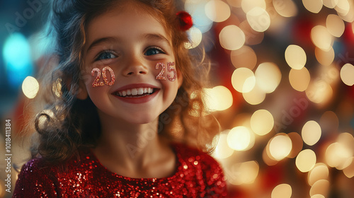 cheerful smiling curly girl with number 2025 on cheeks on new year party background, christmas, makeup, holiday, celebration, joyful child, xmas