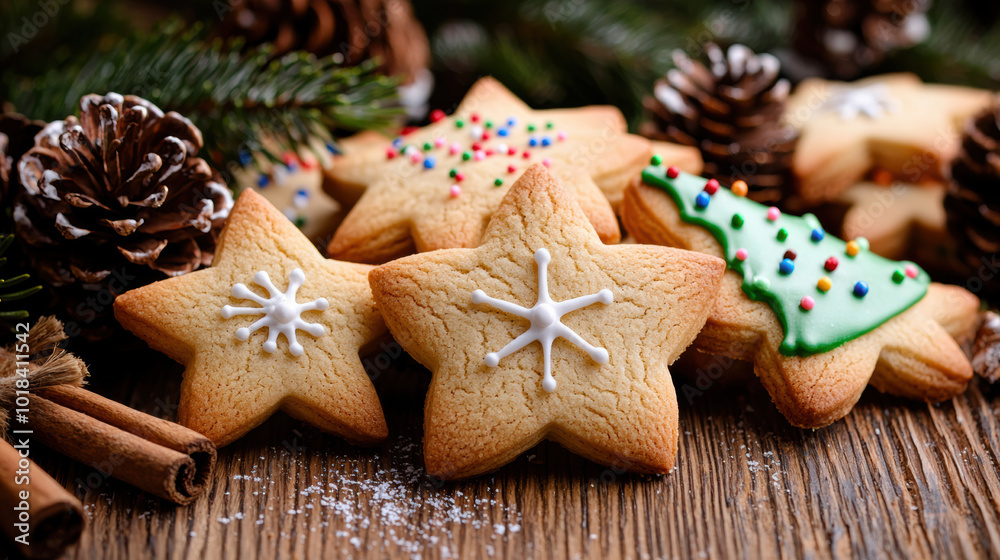 Delicious Christmas cookies shaped like stars, decorated with festive icing Delicious Christmas cookies shaped like stars, decorated with festive icing