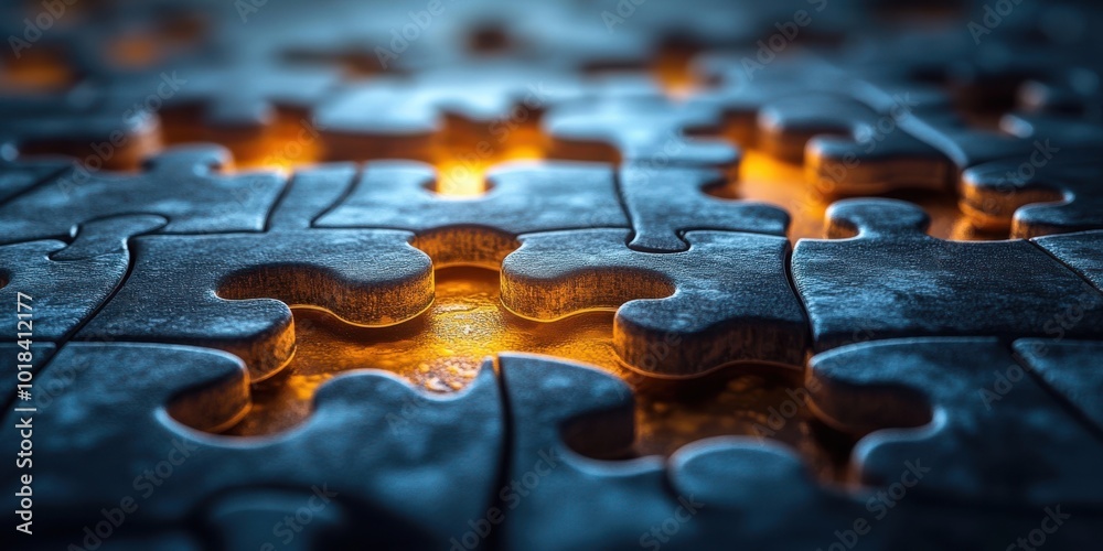 A close-up of a metallic puzzle with a missing piece, revealing a warm, glowing light emanating from beneath A close-up of a metallic puzzle with a missing piece, revealing a warm, glowing light emanating from beneath