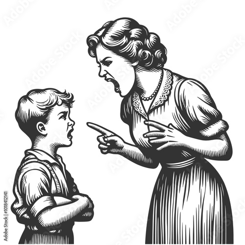 angry mother yelling at her young son, tense moment of discipline and frustration sketch engraving generative ai fictional character vector illustration. Scratch board imitation. Black and white image