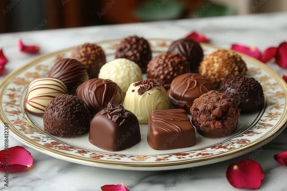indulgent array of artisanal chocolates for valentines day rich textures glossy finishes and romantic shapes displayed on elegant platter with rose petals indulgent array of artisanal chocolates for valentines day rich textures glossy finishes and romantic shapes displayed on elegant platter with rose petals