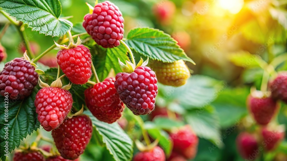 Organic red ripe loganberries hybrid of North American blackberry and European raspberry ripening on shrub, selective focus, reflected Organic red ripe loganberries hybrid of North American blackberry and European raspberry ripening on shrub, selective focus, reflected