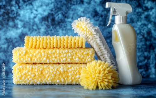 Cleaning Supplies on Blue Background photo