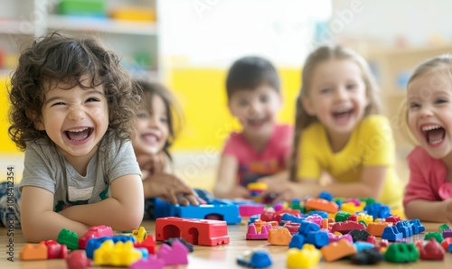 Laughing children playing with colorful toys.