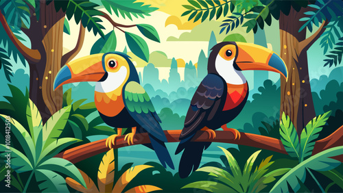 Two toucan tropical bird sitting on a tree branch in natural wildlife environment in rainforest jungle.