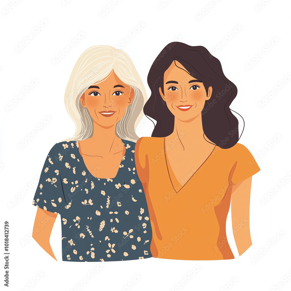 Stunning Senior Mom And Adult Daughter In Hand-Drawn Style Design Illustrations - A Beautiful Depiction Of Family Bonds. Stunning Senior Mom And Adult Daughter In Hand-Drawn Style Design Illustrations - A Beautiful Depiction Of Family Bonds.