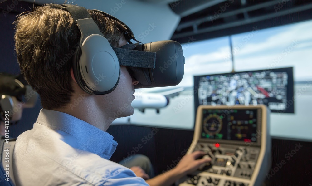 Man in VR headset simulates airplane landing. Man in VR headset simulates airplane landing.