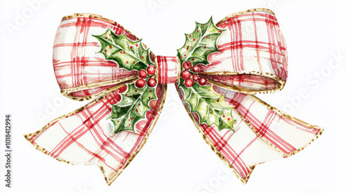 Festive Christmas bow with holly and berries, perfect for holiday decor