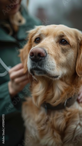 Dog being examined by vet in green uniform while holding head and taking notes in logbook at veterinary hospital. Close-up of white labrador with brown ears. photo