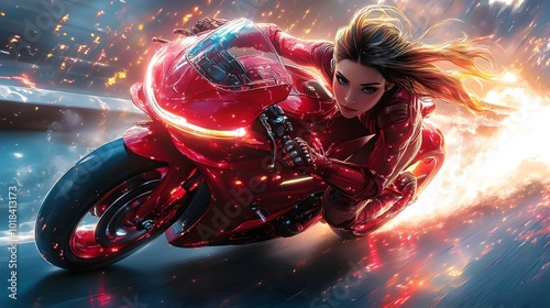 Futuristic Female Biker Leaning into a Sharp Turn on a Sleek Red Motorcycle Amidst Vibrant Neon Lights photo