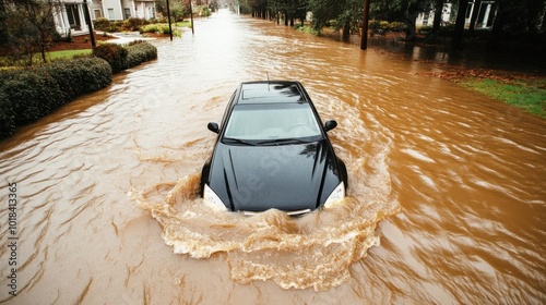 A car stranded in the middle of a flooded road