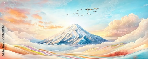 An elegant, vintage ski poster featuring a majestic snow-capped mountain, colorful ski trails, and a flock of graceful snowbirds flying overhead