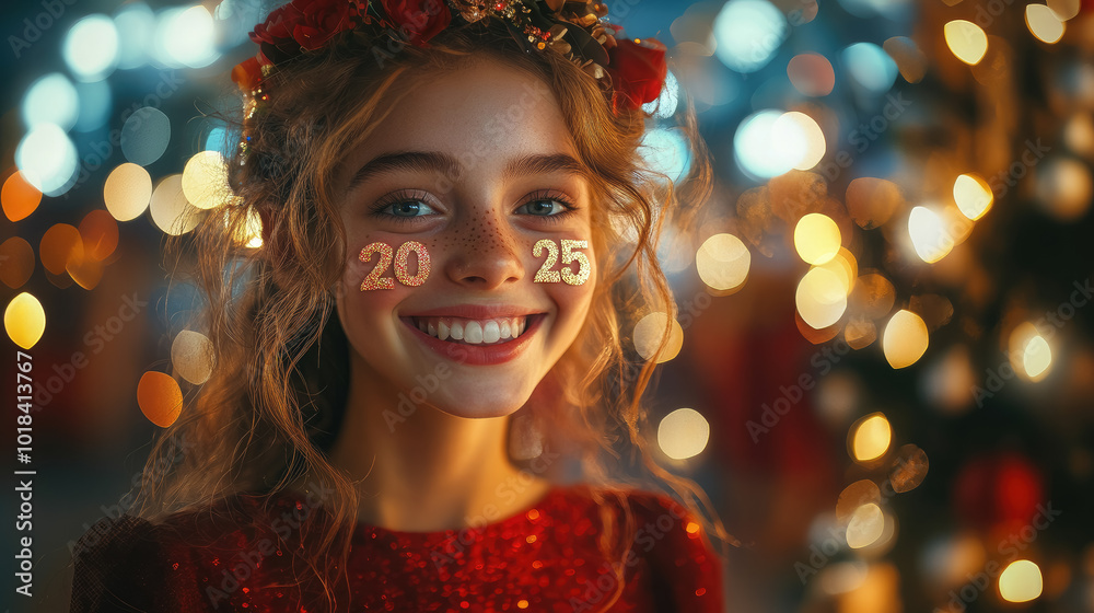 cheerful smiling curly girl with number 2025 on cheeks on new year party background, christmas, makeup, holiday, celebration, joyful child, xmas cheerful smiling curly girl with number 2025 on cheeks on new year party background, christmas, makeup, holiday, celebration, joyful child, xmas