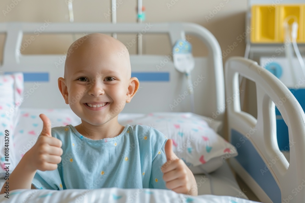 Smiling cancer child patient after chemotherapy giving thumbs up in hospital bed Smiling cancer child patient after chemotherapy giving thumbs up in hospital bed