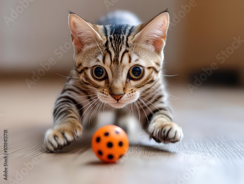 Playful Bengal cat chasing a toy at home, full of energy and curiosity. photo