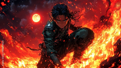 Fierce Anime Warrior Battles in Fiery Crimson Sky with Glowing Moon