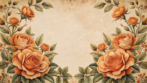 Vintage orange roses with green leaves on beige background