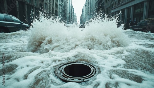 A powerful flood bursting through city drainage systems photo