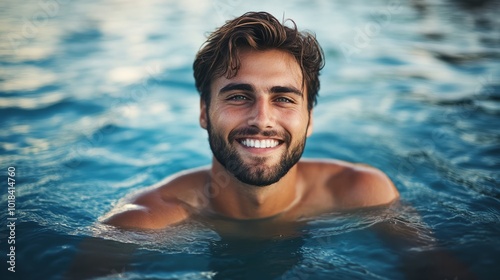 Smiling Man Swimming in the Ocean, Summer Vacation