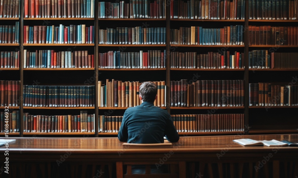 Man reading book in a library. Man reading book in a library.