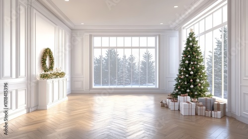 An interior shot of a Christmas living room.