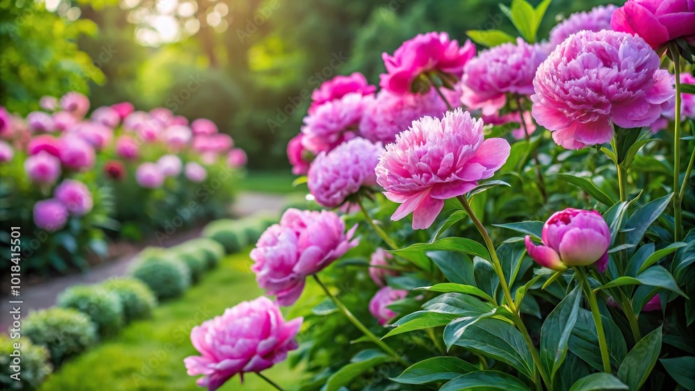 Ornamental plants and pink peonies in a summer garden flower bed Ornamental plants and pink peonies in a summer garden flower bed