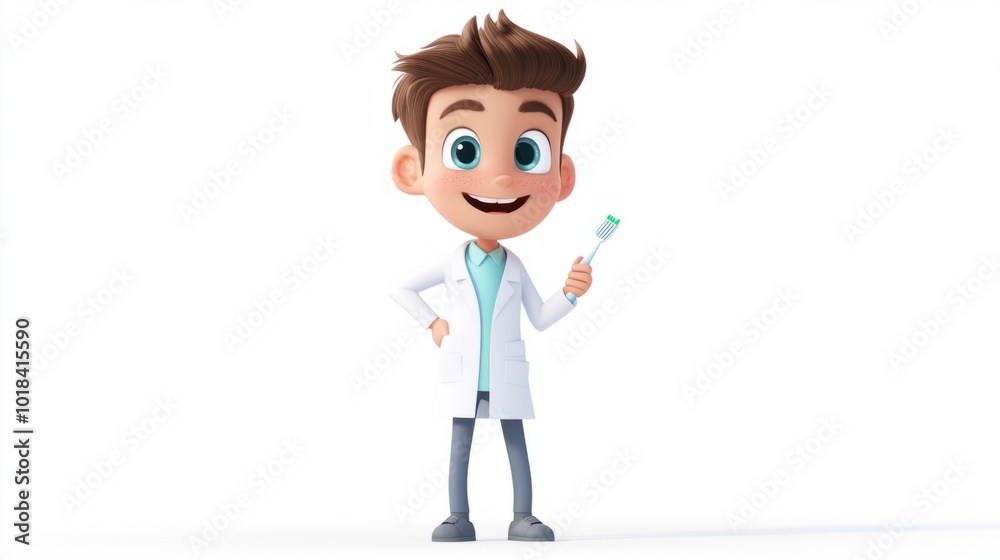 Adorable dentist cartoon wearing a lab coat and holding a toothbrush, isolated on white background Adorable dentist cartoon wearing a lab coat and holding a toothbrush, isolated on white background