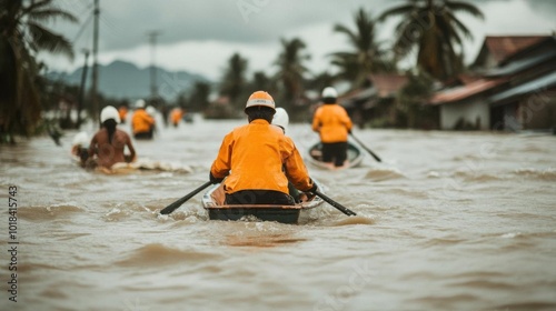 Rescue teams navigating through floodwaters in boats photo