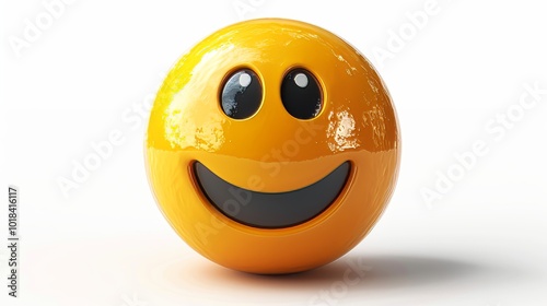 3D Rendering, Glossy Yellow Sphere, Happy Face, Smiley, Cartoon Style, Isolated on White Background