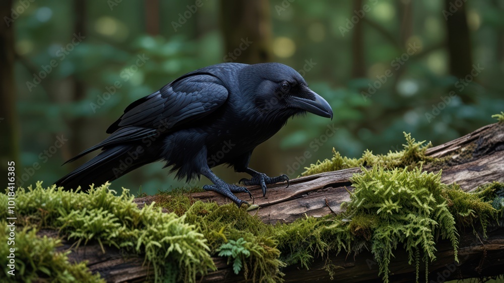 Obraz premium A black raven perched on a moss-covered branch in a forest.