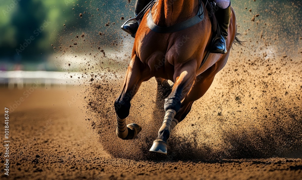 Obraz premium A horse's legs running on a dirt track.
