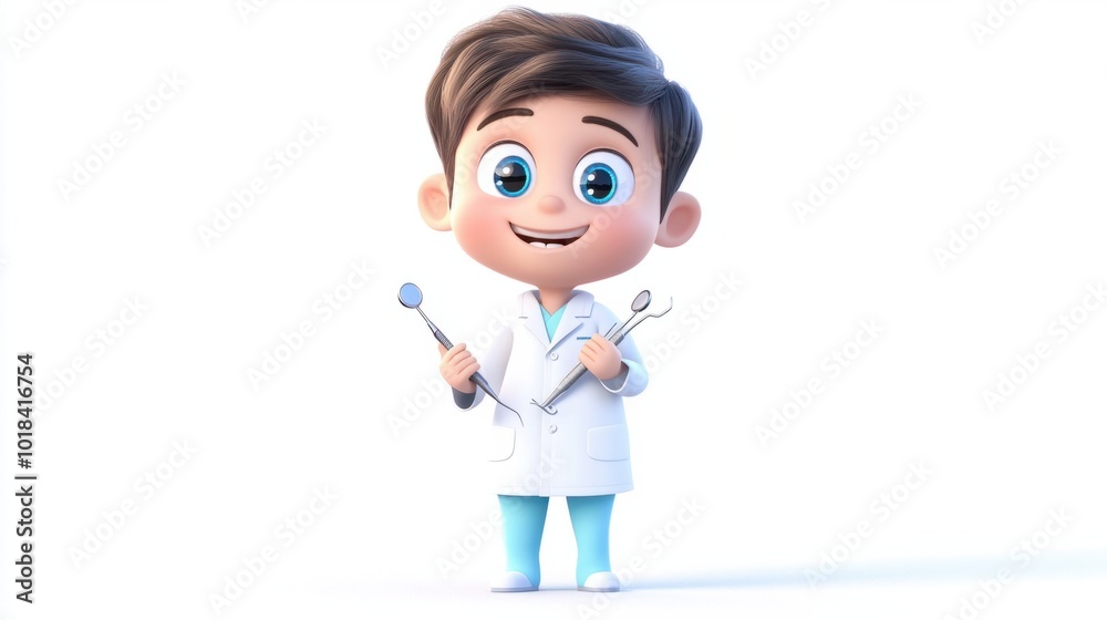 Cute dentist cartoon character wearing a lab coat and holding dental tools, isolated on white Cute dentist cartoon character wearing a lab coat and holding dental tools, isolated on white