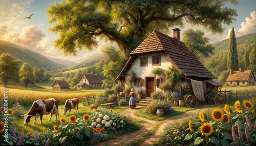 detailed image of the countryside in Ukraine, a wooden house, a woman with a bucket in her hand is walking to the cow, there are beautiful flowers near the house and a wooden fence around the house photo