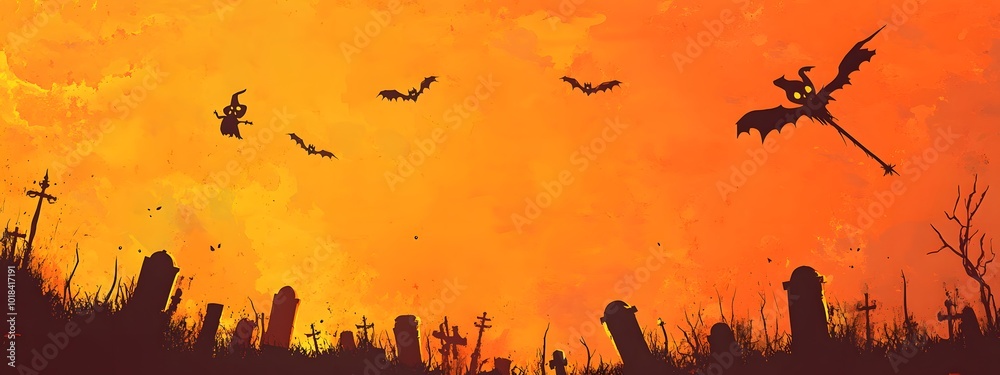 Obraz premium Halloween background with black silhouette of a witch flying on a broom, a haunted house, and pumpkins over an orange sky