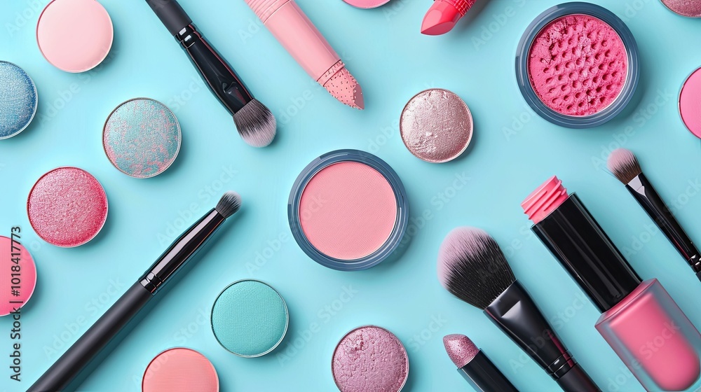 A Flat Lay Arrangement of Makeup Products on a Blue Background A Flat Lay Arrangement of Makeup Products on a Blue Background