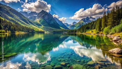 Natural landscape of a mountain lake with a tilted angle view