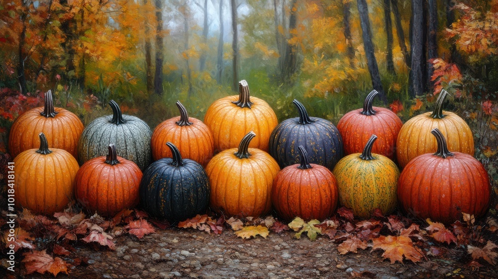 A Gathering of Pumpkins in a Serene Autumnal Forest, Their Ripe Skins Glowing with a Warm, Vibrant Hue, Their Shapes and Sizes Varied Yet Harmonious, Nestled Amongst a Carpet of Fallen Leaves A Gathering of Pumpkins in a Serene Autumnal Forest, Their Ripe Skins Glowing with a Warm, Vibrant Hue, Their Shapes and Sizes Varied Yet Harmonious, Nestled Amongst a Carpet of Fallen Leaves