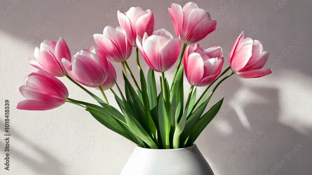 A bouquet of pink tulips with white edges sits in a white vase, bathed in the soft light of the morning sun A bouquet of pink tulips with white edges sits in a white vase, bathed in the soft light of the morning sun