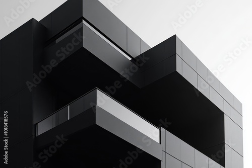 Black and white abstract of modern wall facade, sleek lines and sharp angles in minimalist style.