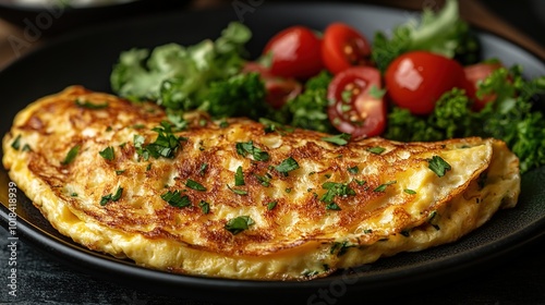 Fresh homemade omelette with mushrooms, feta cheese and herbs. A healthy protein breakfast with mushrooms and spinach